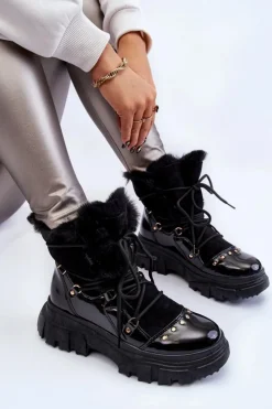 Damskie Boto Damskie Botki Z Futerkiem Sznurowane Czarne Merron