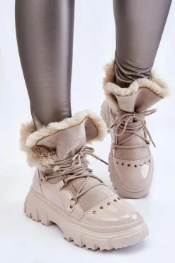 Sale Boto Damskie Botki Z Futerkiem Sznurowane Jasnobeżowe Merron