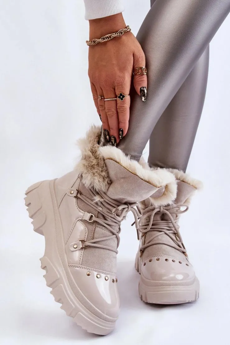 Sale Boto Damskie Botki Z Futerkiem Sznurowane Jasnobeżowe Merron