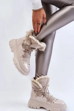 Sale Boto Damskie Botki Z Futerkiem Sznurowane Jasnobeżowe Merron