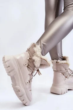 Sale Boto Damskie Botki Z Futerkiem Sznurowane Jasnobeżowe Merron