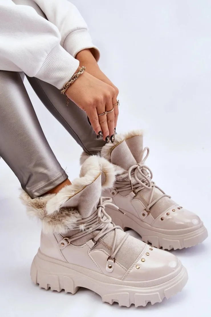 Sale Boto Damskie Botki Z Futerkiem Sznurowane Jasnobeżowe Merron