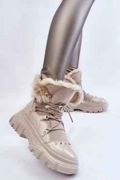 Sale Boto Damskie Botki Z Futerkiem Sznurowane Jasnobeżowe Merron