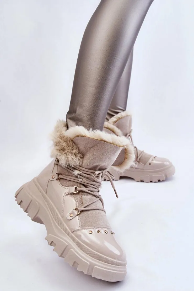 Sale Boto Damskie Botki Z Futerkiem Sznurowane Jasnobeżowe Merron