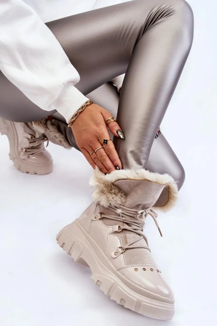 Sale Boto Damskie Botki Z Futerkiem Sznurowane Jasnobeżowe Merron