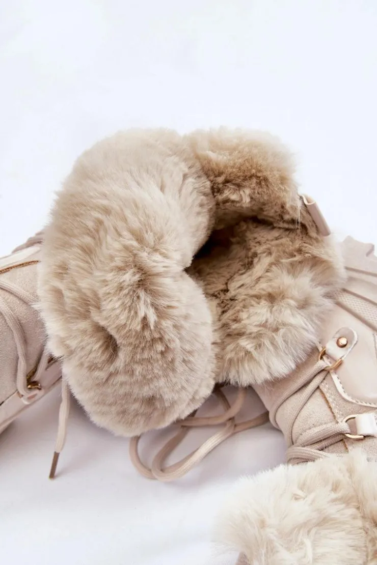 Sale Boto Damskie Botki Z Futerkiem Sznurowane Jasnobeżowe Merron