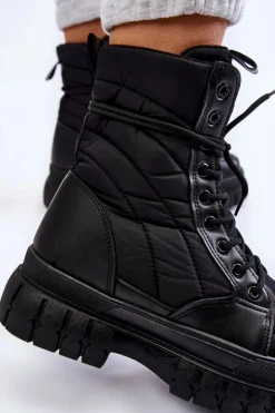 New Boto Damskie Botki Z Ociepleniem Sznurowane Czarne Ariadna