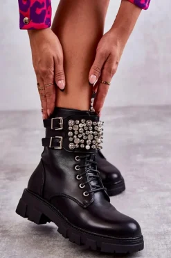 Damskie Boto Damskie Botki Z Ozdobami Wiązane Czarne Leonese