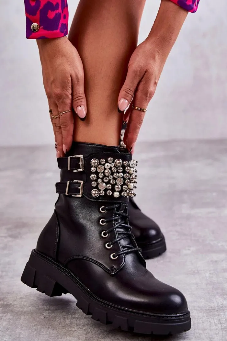 Damskie Boto Damskie Botki Z Ozdobami Wiązane Czarne Leonese