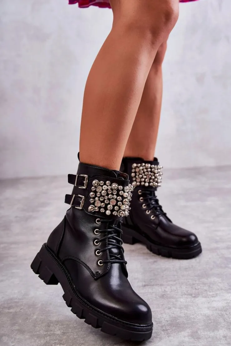 Damskie Boto Damskie Botki Z Ozdobami Wiązane Czarne Leonese