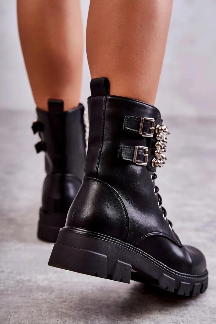 Damskie Boto Damskie Botki Z Ozdobami Wiązane Czarne Leonese