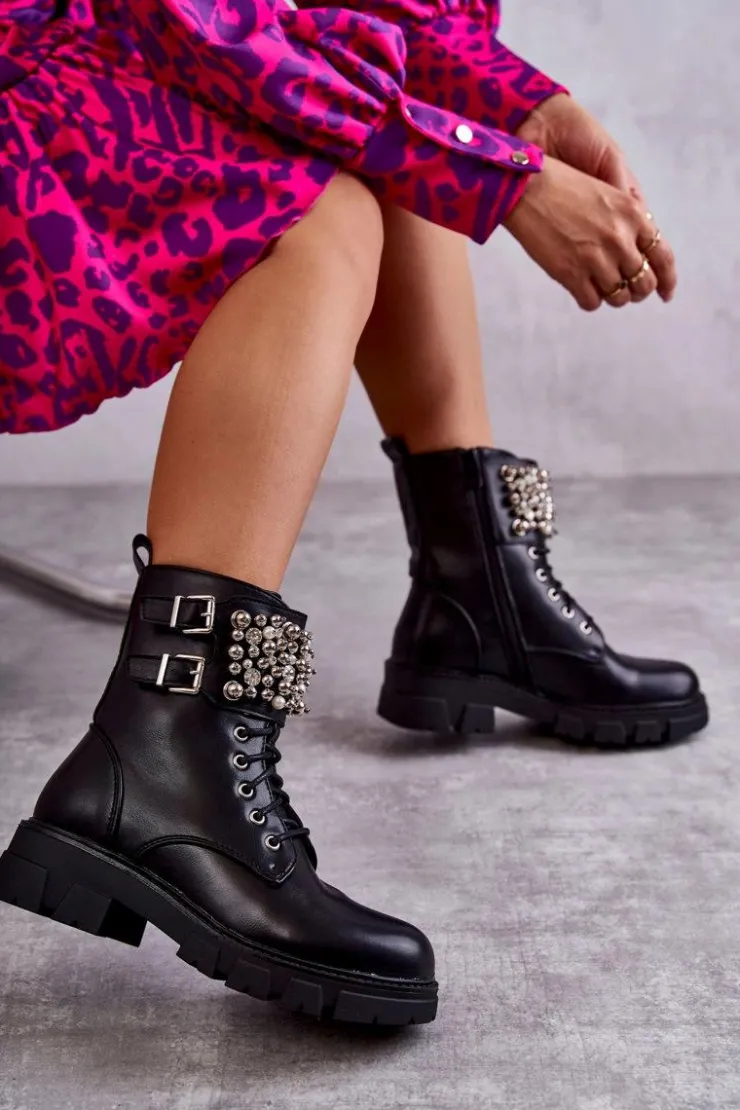 Damskie Boto Damskie Botki Z Ozdobami Wiązane Czarne Leonese