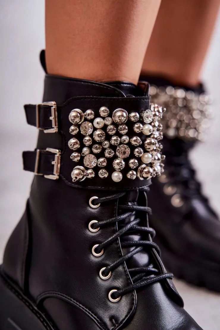 Damskie Boto Damskie Botki Z Ozdobami Wiązane Czarne Leonese