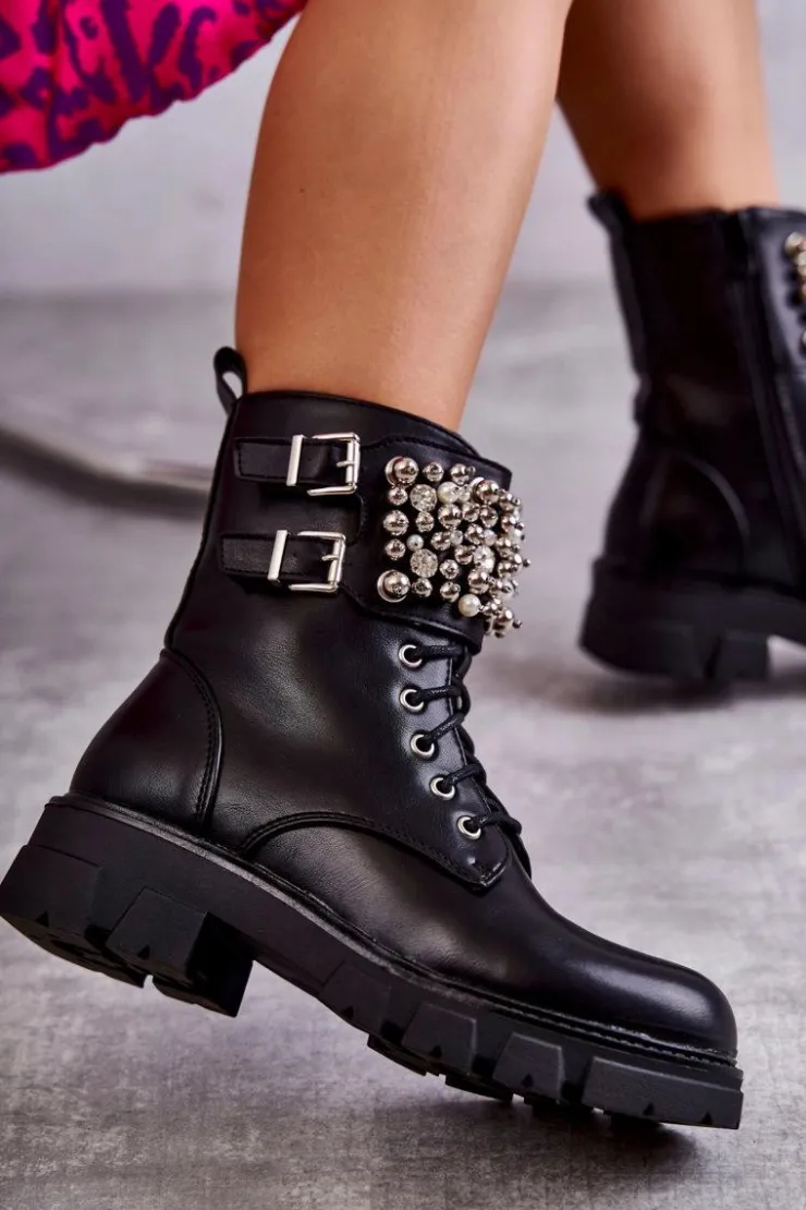 Damskie Boto Damskie Botki Z Ozdobami Wiązane Czarne Leonese