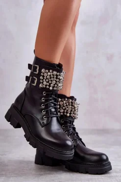 Damskie Boto Damskie Botki Z Ozdobami Wiązane Czarne Leonese