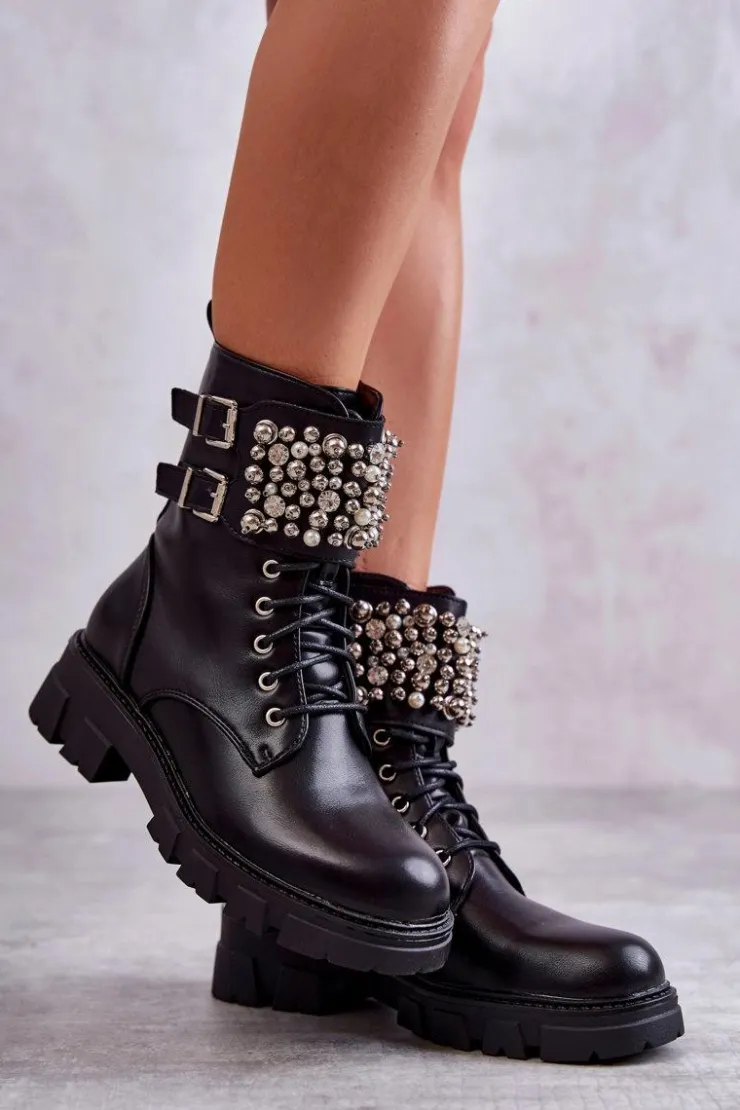 Damskie Boto Damskie Botki Z Ozdobami Wiązane Czarne Leonese