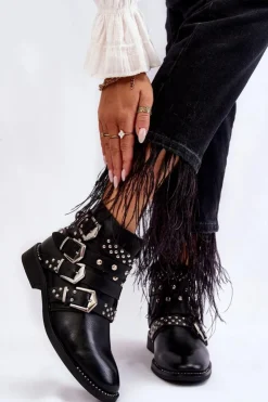 Clearance Boto Damskie Botki Z Paskami I Ćwiekami Czarne Ramso