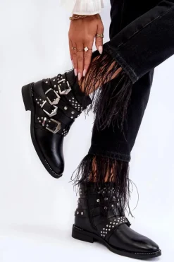 Clearance Boto Damskie Botki Z Paskami I Ćwiekami Czarne Ramso