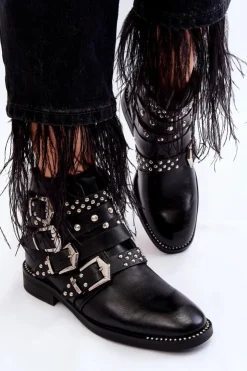 Clearance Boto Damskie Botki Z Paskami I Ćwiekami Czarne Ramso