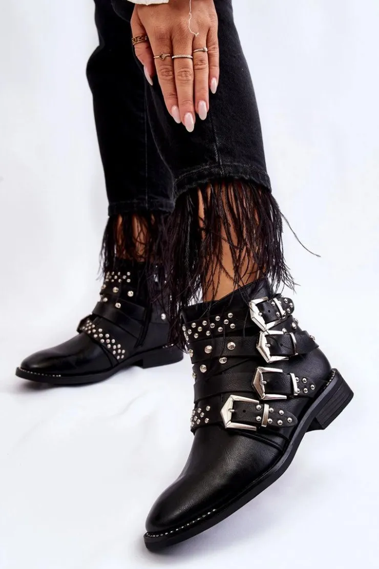 Clearance Boto Damskie Botki Z Paskami I Ćwiekami Czarne Ramso