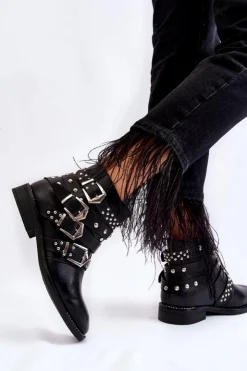 Clearance Boto Damskie Botki Z Paskami I Ćwiekami Czarne Ramso