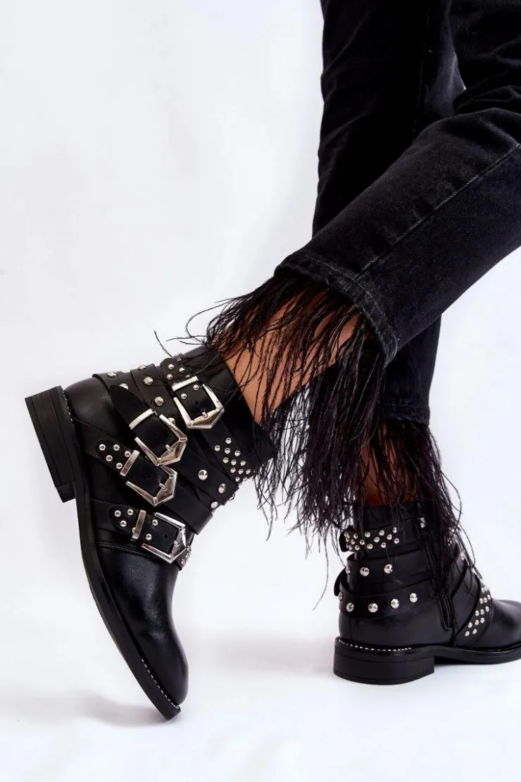 Clearance Boto Damskie Botki Z Paskami I Ćwiekami Czarne Ramso