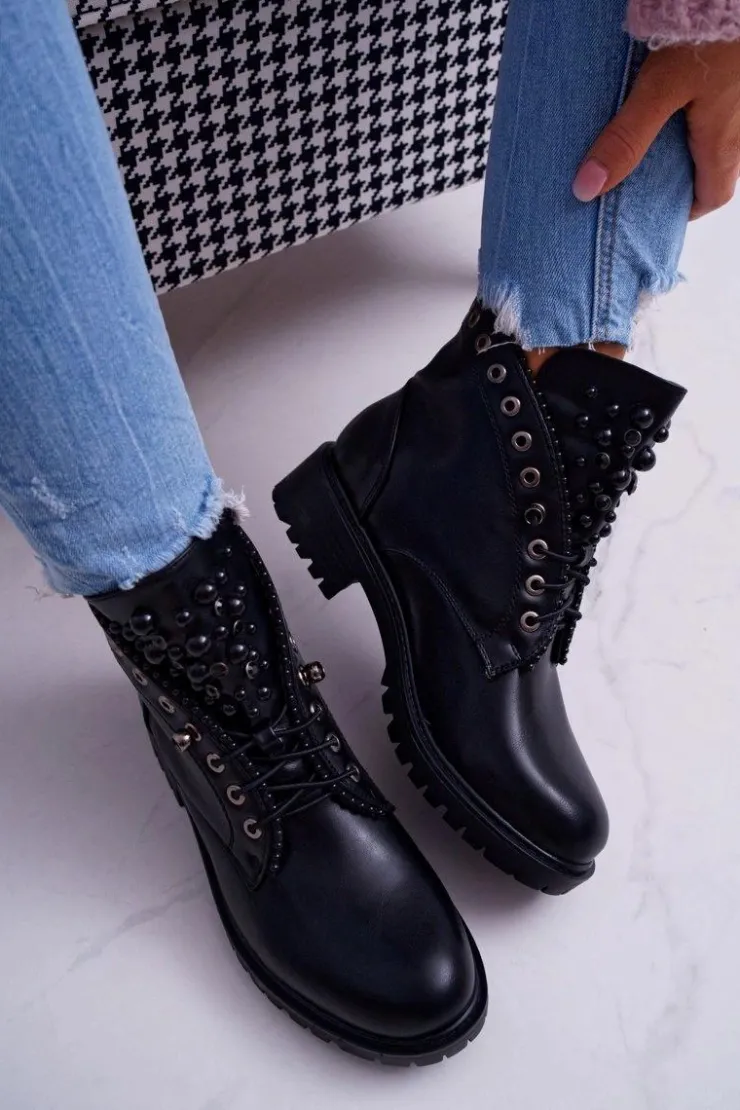 New Boto Damskie Botki Z Perełkami Ciepłe Czarne Memer