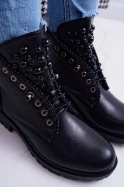 New Boto Damskie Botki Z Perełkami Ciepłe Czarne Memer
