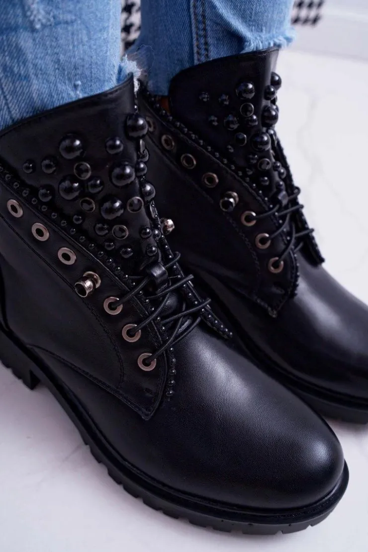 New Boto Damskie Botki Z Perełkami Ciepłe Czarne Memer