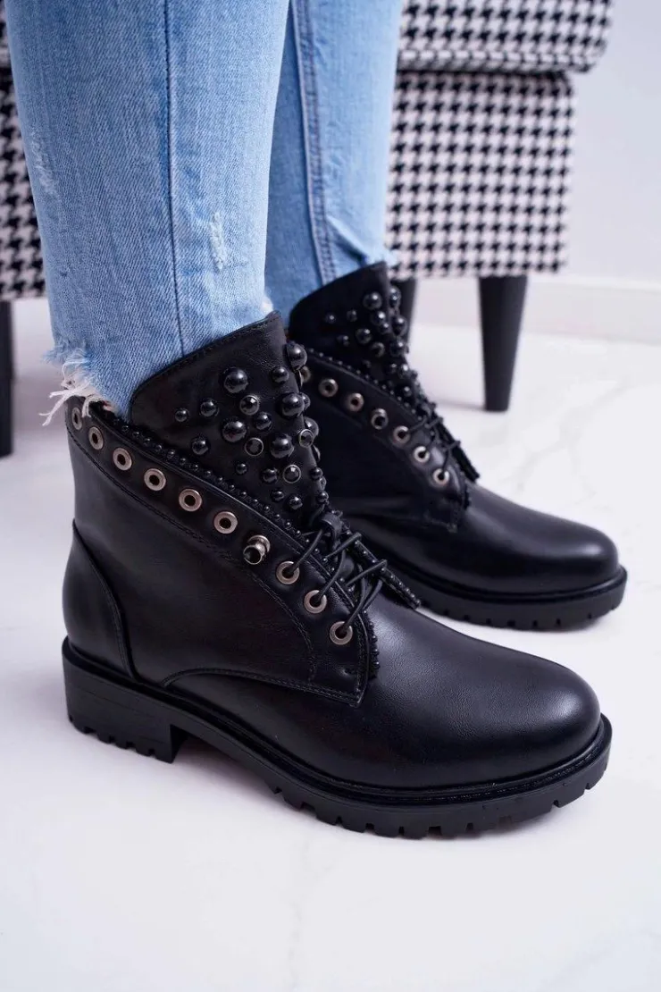 New Boto Damskie Botki Z Perełkami Ciepłe Czarne Memer