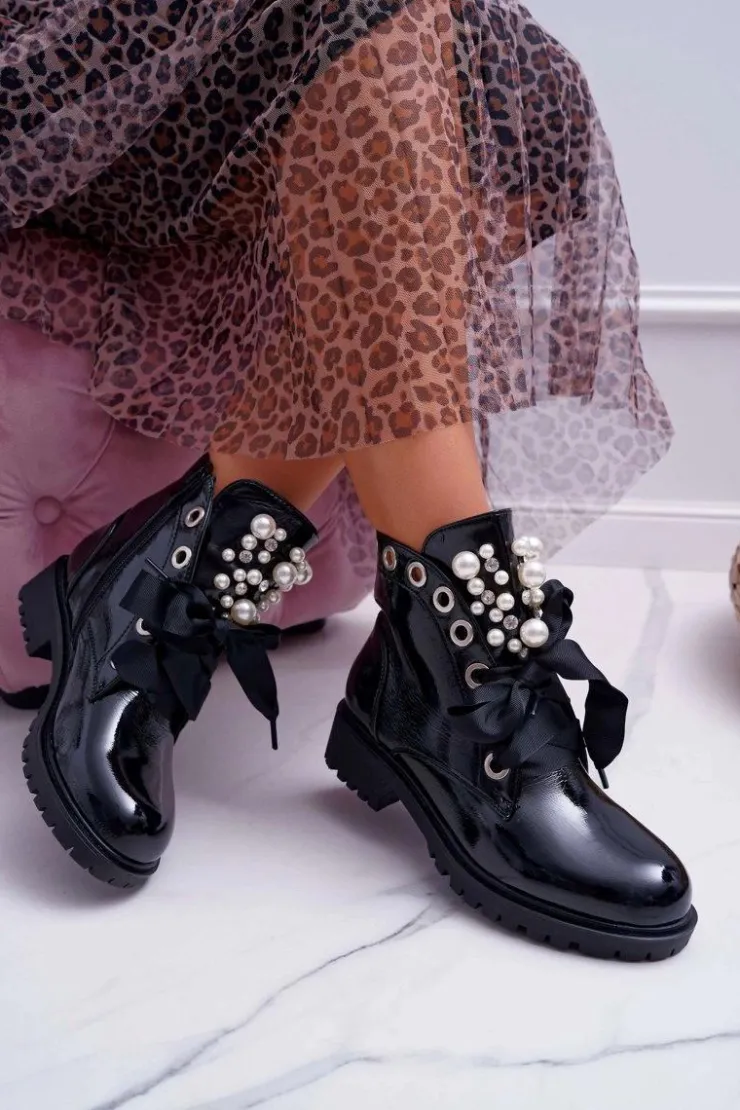 Damskie Boto Damskie Botki Z Perełkami Ocieplane Wstążka Sia