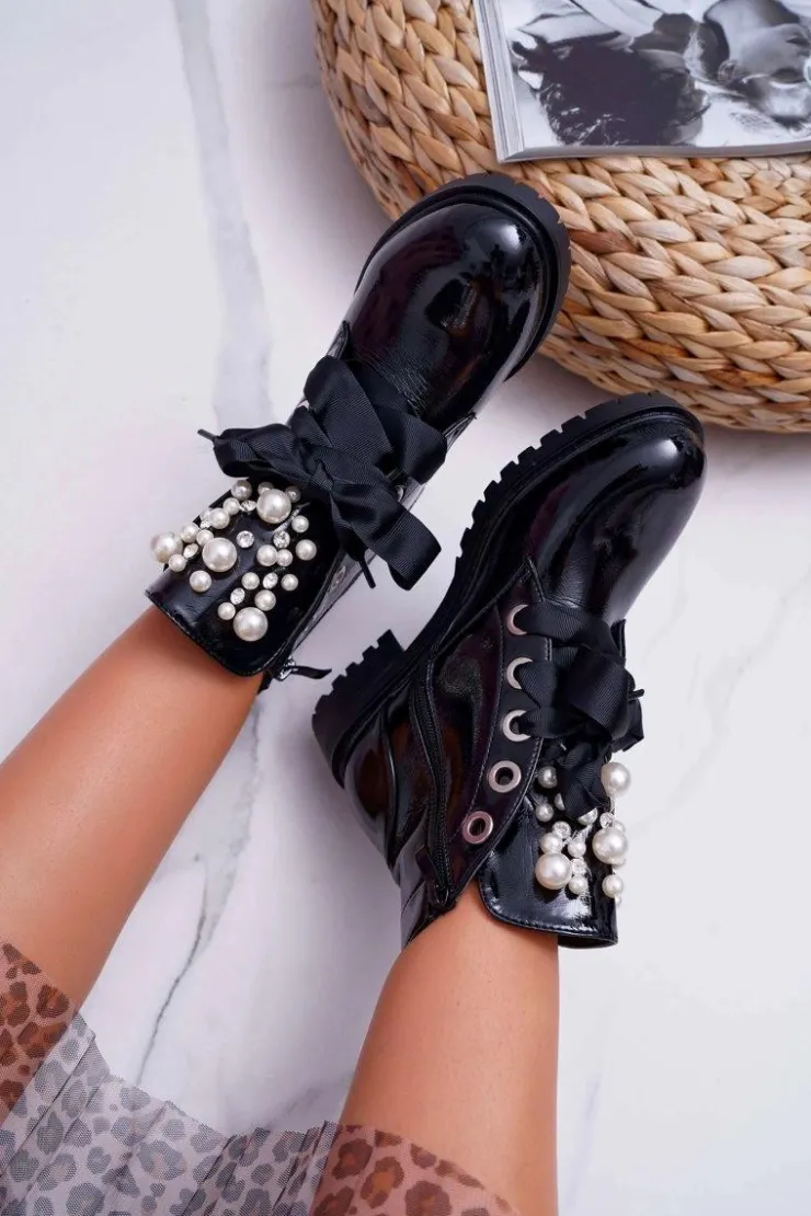 Damskie Boto Damskie Botki Z Perełkami Ocieplane Wstążka Sia