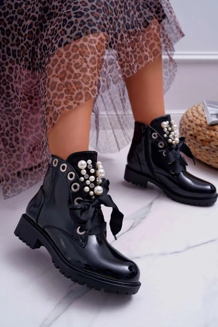 Damskie Boto Damskie Botki Z Perełkami Ocieplane Wstążka Sia