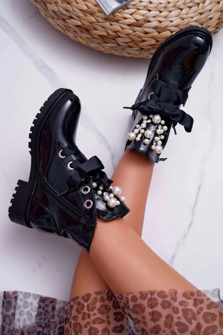 Damskie Boto Damskie Botki Z Perełkami Ocieplane Wstążka Sia