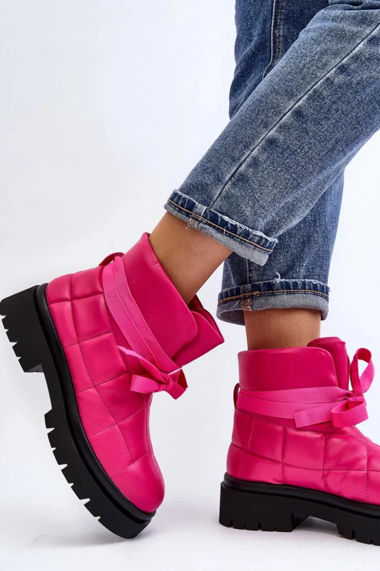 Damskie Boto Damskie Botki Z Pikowaniem I Wiązaniem Różowe Bizzanti