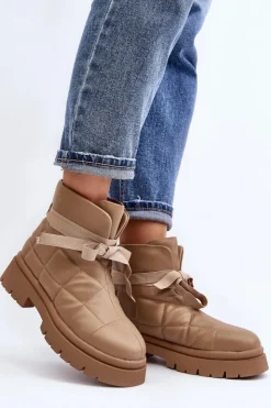 Boto Botki Ocieplane|Brązowe I Beżowe Botki*Damskie Botki Z Pikowaniem I Wiązaniem Khaki Bizzanti Beżowy