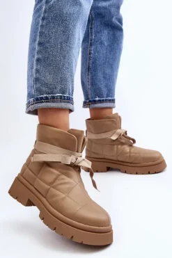 Boto Botki Ocieplane|Brązowe I Beżowe Botki*Damskie Botki Z Pikowaniem I Wiązaniem Khaki Bizzanti Beżowy