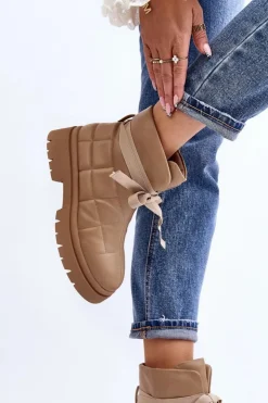 Boto Botki Ocieplane|Brązowe I Beżowe Botki*Damskie Botki Z Pikowaniem I Wiązaniem Khaki Bizzanti Beżowy