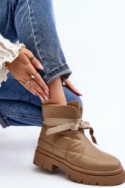 Boto Botki Ocieplane|Brązowe I Beżowe Botki*Damskie Botki Z Pikowaniem I Wiązaniem Khaki Bizzanti Beżowy