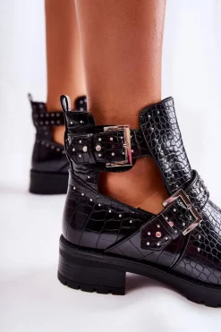 Boto Czarne Botki|Botki Płaskie*Damskie Botki Z Wycięciami Wężowe Czarne Santhana