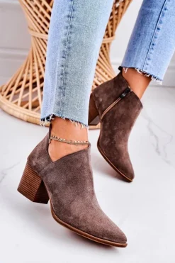 Damskie Boto Damskie Botki Z Wycięciem Na Słupku Zamszowe Brązowe Lawrence