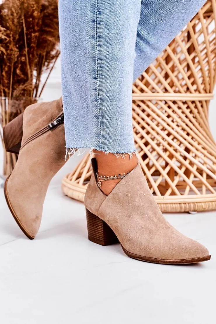 Boto Botki Wiosenne|Botki Na Słupku*Damskie Botki Z Wycięciem Na Słupku Zamszowe Beżowe Lawrence