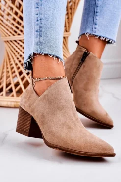 Boto Botki Wiosenne|Botki Na Słupku*Damskie Botki Z Wycięciem Na Słupku Zamszowe Beżowe Lawrence