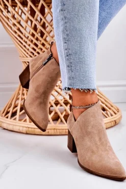 Boto Botki Wiosenne|Botki Na Słupku*Damskie Botki Z Wycięciem Na Słupku Zamszowe Beżowe Lawrence