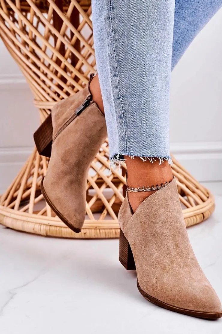 Boto Botki Wiosenne|Botki Na Słupku*Damskie Botki Z Wycięciem Na Słupku Zamszowe Beżowe Lawrence