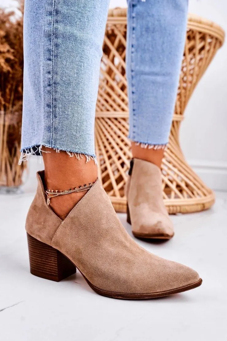 Boto Botki Wiosenne|Botki Na Słupku*Damskie Botki Z Wycięciem Na Słupku Zamszowe Beżowe Lawrence