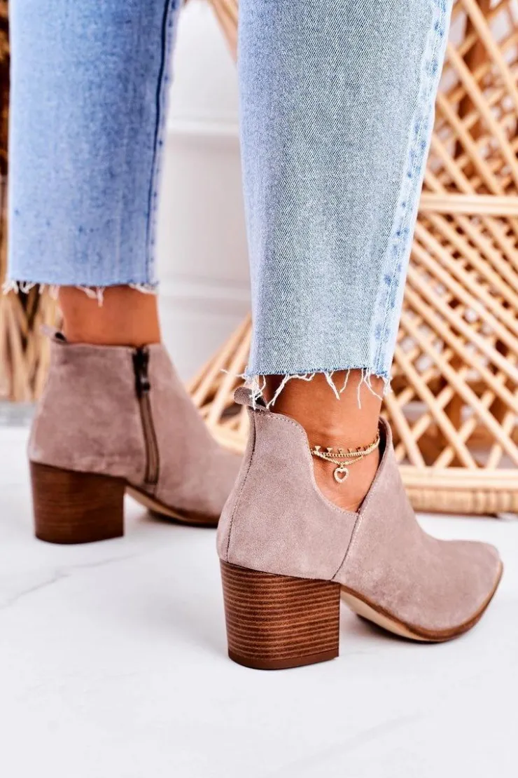 Outlet Boto Damskie Botki Z Wycięciem Na Słupku Zamszowe Cappuccino Lawrence