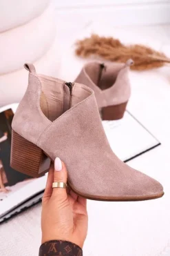 Outlet Boto Damskie Botki Z Wycięciem Na Słupku Zamszowe Cappuccino Lawrence