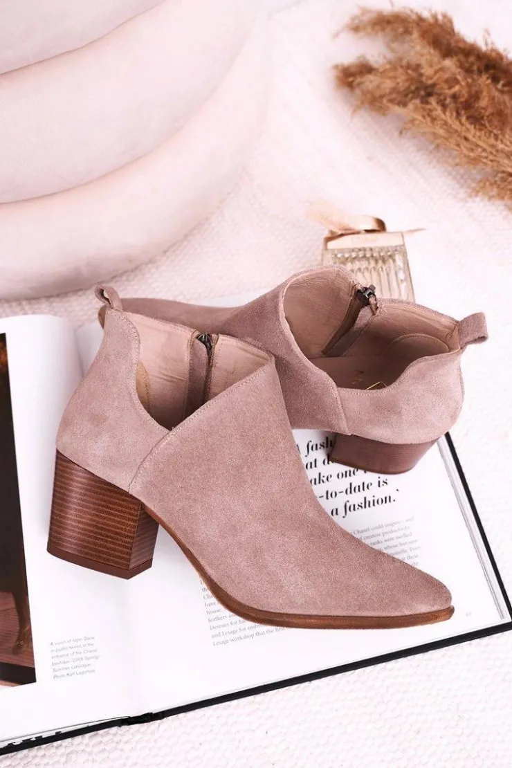 Outlet Boto Damskie Botki Z Wycięciem Na Słupku Zamszowe Cappuccino Lawrence