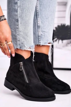 Boto Botki Zamszowe|Botki Płaskie*Damskie Botki Z Zamkiem Zamszowe Czarne Juno